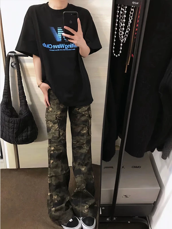 

American Retro Camouflage Work Pants Men's Summer Thin Multiple kets Straight Leg Micro Flare Pants Slim Casual Pants