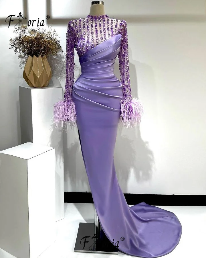 Lindo contas de cristal roxo formal vestido de festa dubai mangas compridas penas cetim cerimônia vestidos de baile de noite