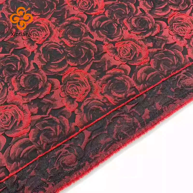 1 Yard Embossed Dark Red 3D Rose Jacquard Fabric Black Yarn-dyed Jacquard Cloth Women\'s Dress Suit Bag DIY Sewing Fabric TJ7517