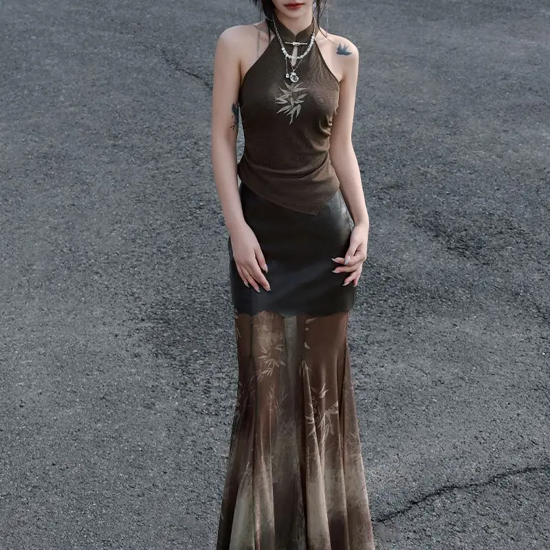 

Summer Chinese Style Hot Girl High-end Desiened Niche Temperature Sleeveless Top + PU Spliced Slim Fishtail Skirt for Women