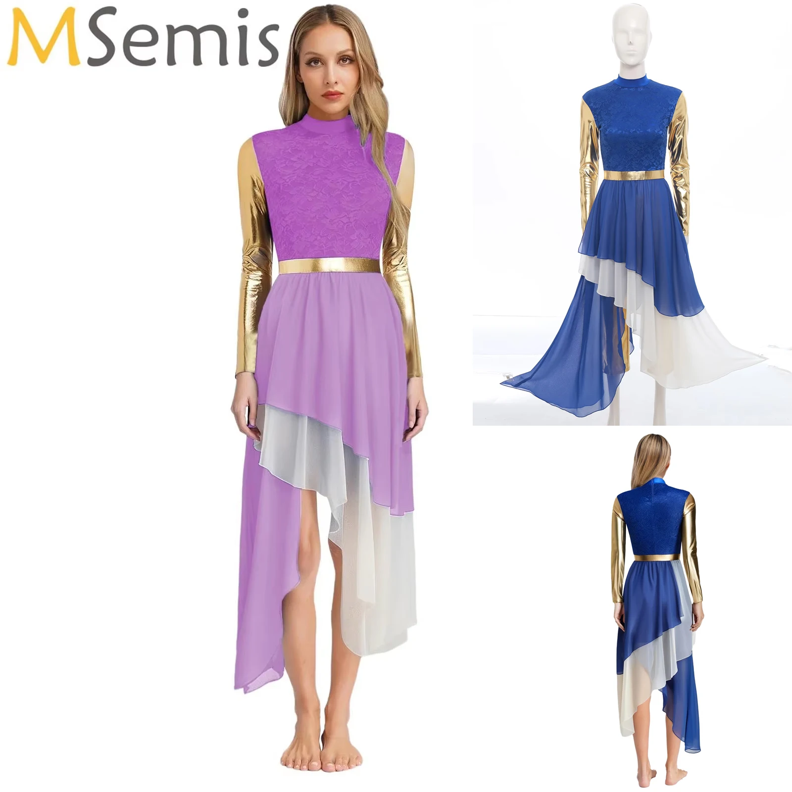 

Woman Liturgical Praise Dance Wear Metallic Shiny Long Sleeve Tiered Chiffon Hem Dress Church Worship Choir Performance Clothes