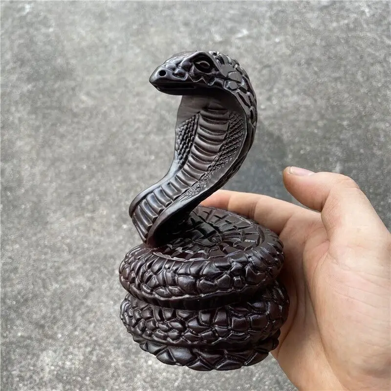 

Black Ebony Wood Carved Snake Statue King Cobra Sculpture Animal Decor