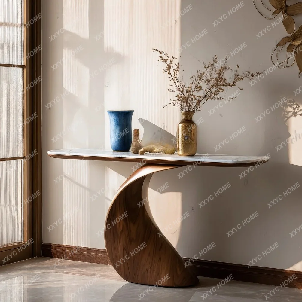 XX Entrance table, base, minimalist modern large flat-floor villa entry end view platform