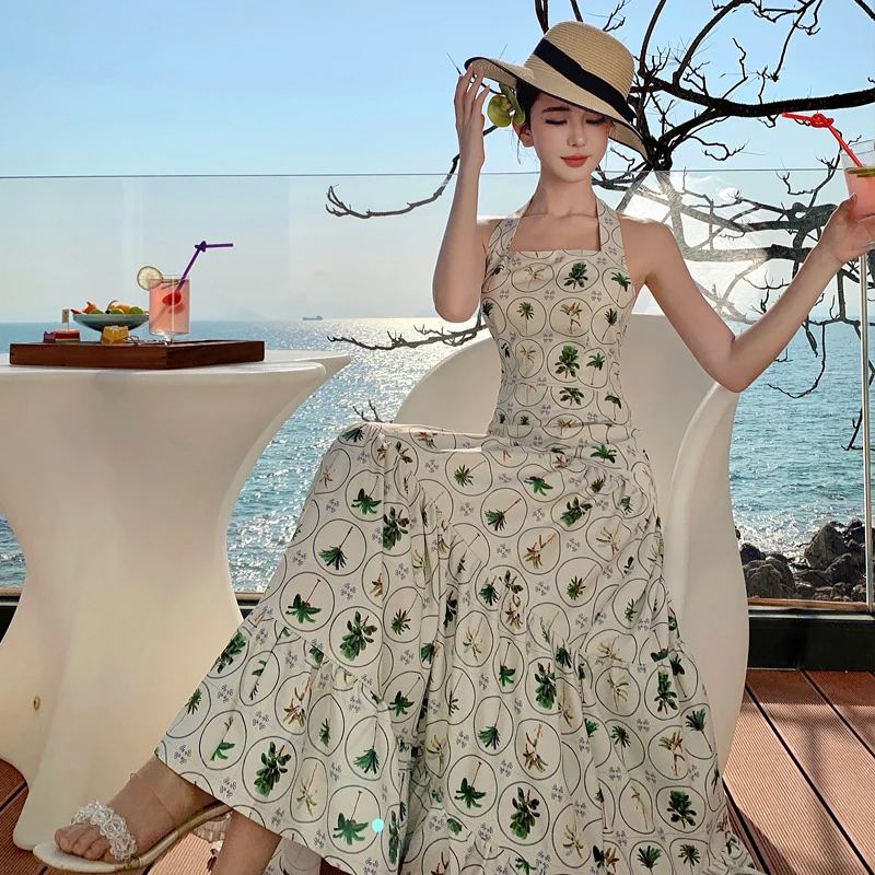 Sleeveless Halter Printed Dress Women Summer Seaside Vacation Backless Long Dresses