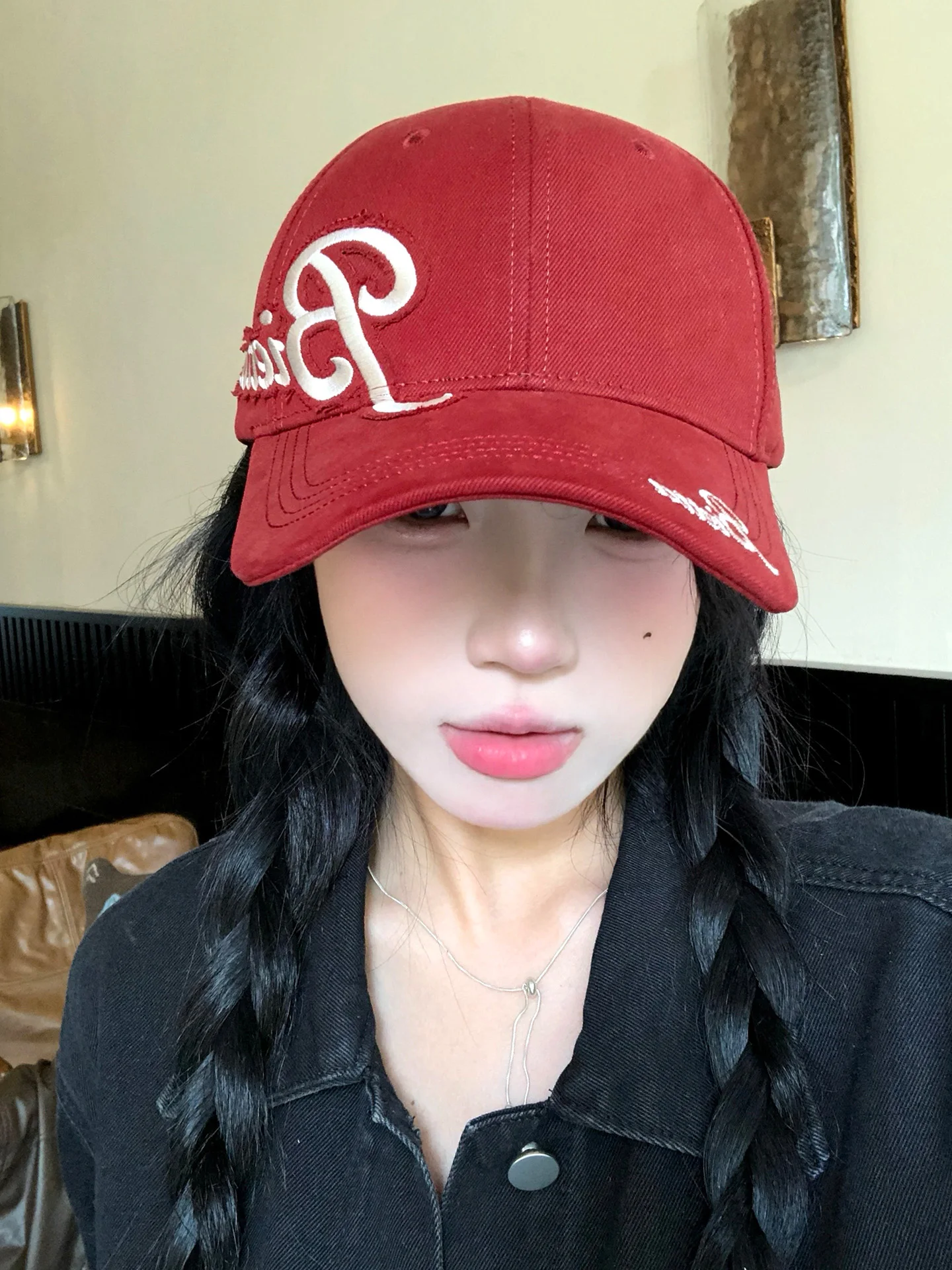 American Retro Embroidered Letter Baseball Cap Women's Extra Wide Brim Large Head Circumference Face Slimming Hard Top Duckbi...