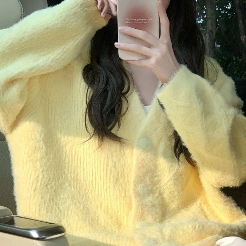 Soft Waxy Sweater Jacket for Women's Clothing in Spring Autumn Gentle Korean Style Imitation Mink Knitted Cardigan