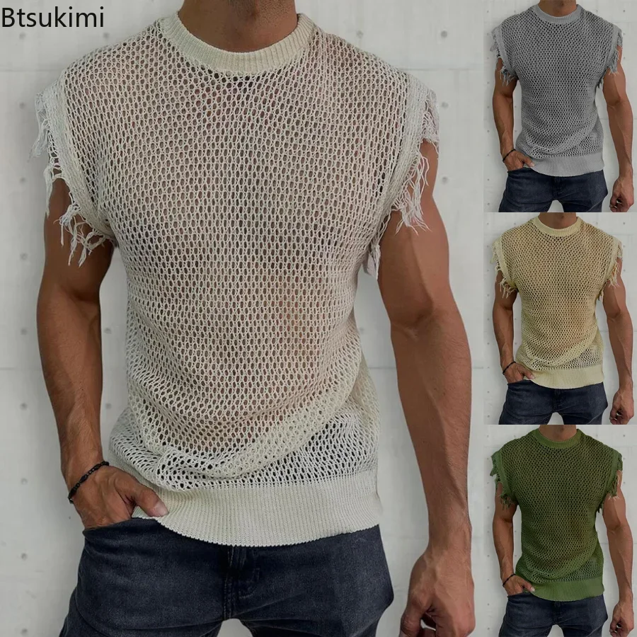 

New 2025 Men's Summer Casual Vest Tees Sleeveless Pullover Tops for Man Casual Clothing Tassel Solid Shirt Hollow Knit Vest Top