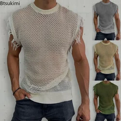New 2026 Men's Summer Casual Vest Tees Sleeveless Pullover Tops for Man Casual Clothing Tassel Solid Shirt Hollow Knit Vest Top