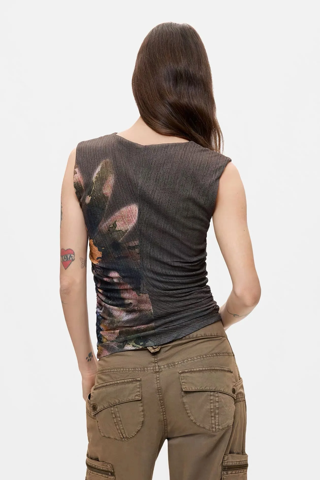 Foreign trade Spain original high elasticity Maillard print pleated pullover sleeveless slim fit women's top T-shirt vest