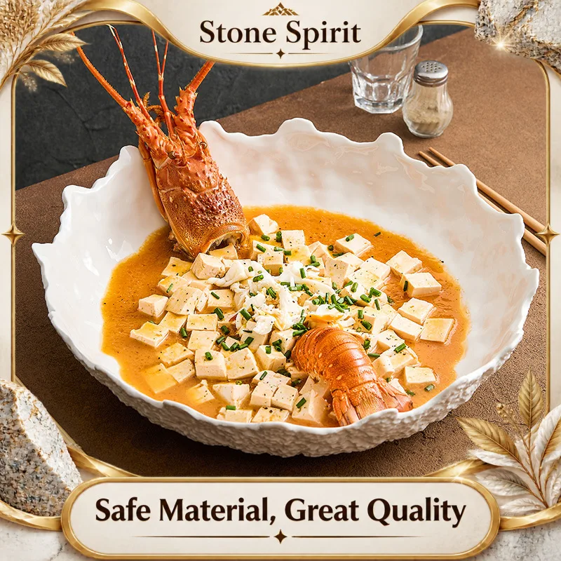 Stone Patterned Ceramic Irregular Lace Plate, Hotpot Restaurant Decoration Plate, Salmon and Seafood Sashimi Kitchenware