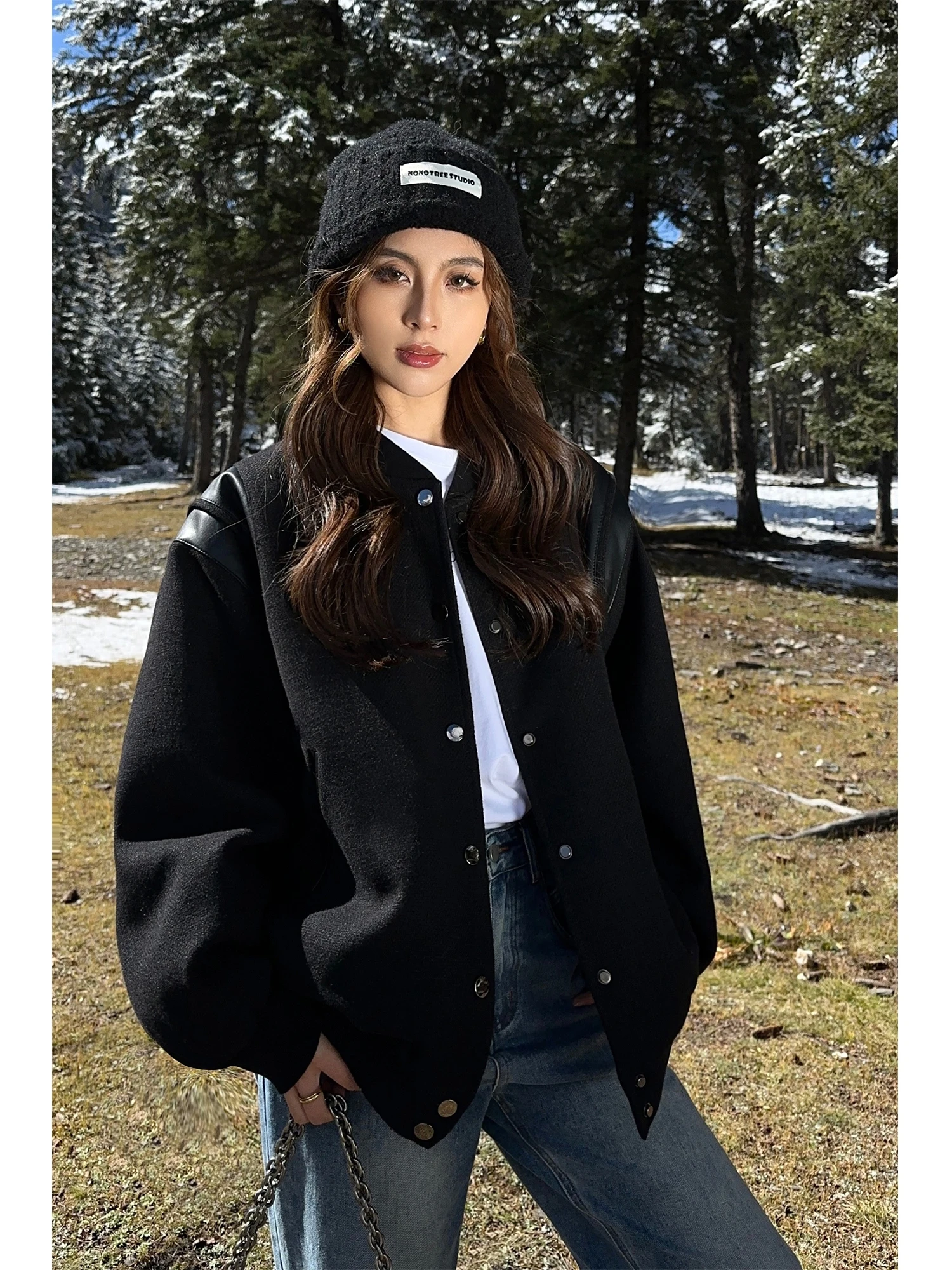 

NEVA HU женское свободное зимнее пальто Jaet 2024, повседневное пальто пилота, черное шерстяное длинное свековое цельное пальто для поездок на работу