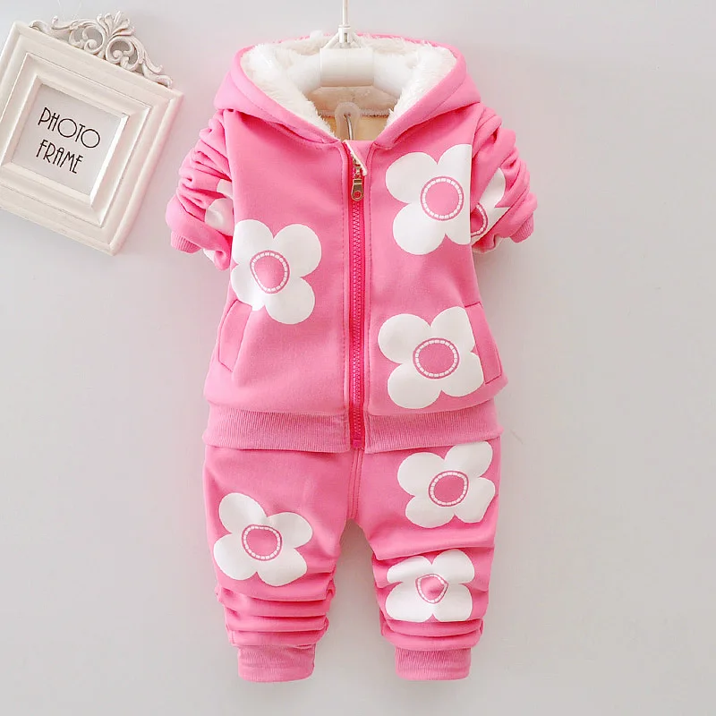 

Autumn Winter Children's Clothing Set 2PCS Girls Cotton Flower Print Hooded Coat+Pants Baby Casual Outfit Set Thick Warm Clothes