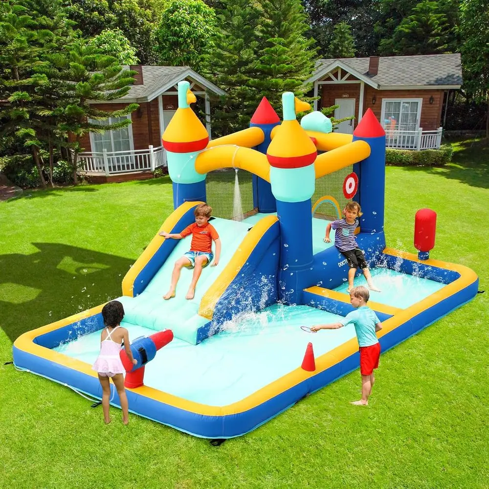 8-in-1-Hüpfburg, Wasserrutsche-Hüpfburg mit Poolfläche, Hüpfburg mit Rutsche für Nass und Trocken, Iatable Castle mit Luft