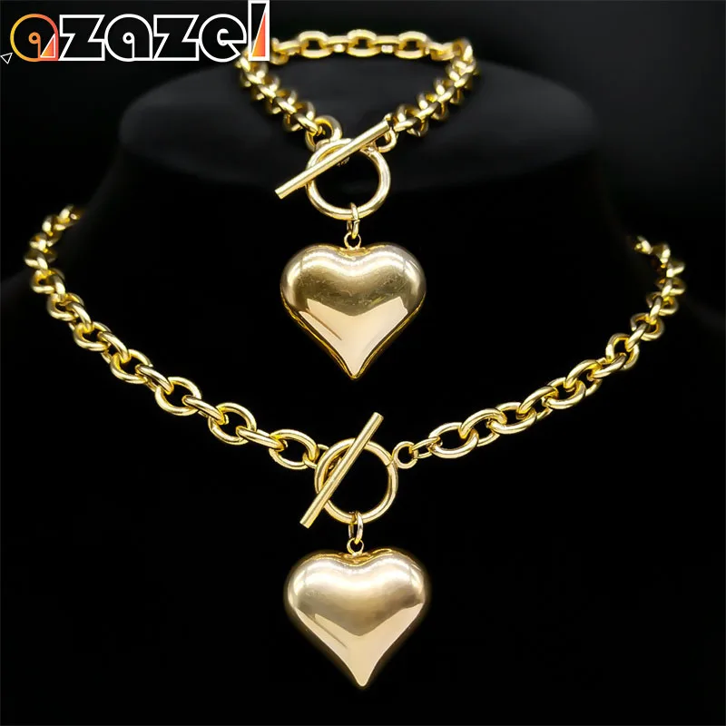Love Peach Heart Pendant Jewelry Sets for Women Men Stainless Steel Gold Color Aesthetic Choker Vintage Necklace Bracelet Sets