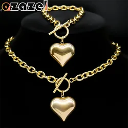 Love Peach Heart Pendant Jewelry Sets for Women Men Stainless Steel Gold Color Aesthetic Choker Vintage Necklace Bracelet Sets
