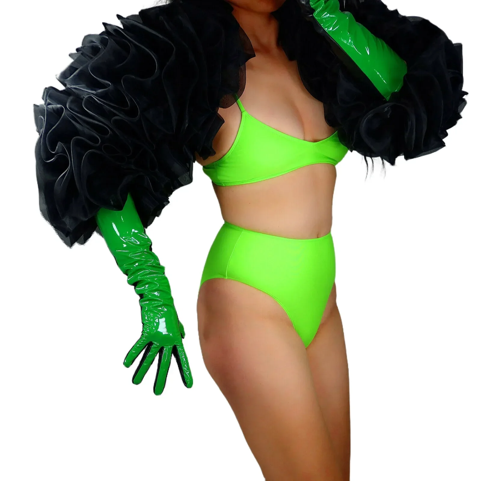 

DooWay Bright Green REAL LEATHER GLOVES TECH Shiny Latex Genuine Sjeepskin 45cm Over Elbow Fashion Evening Costume Cosplay Glove