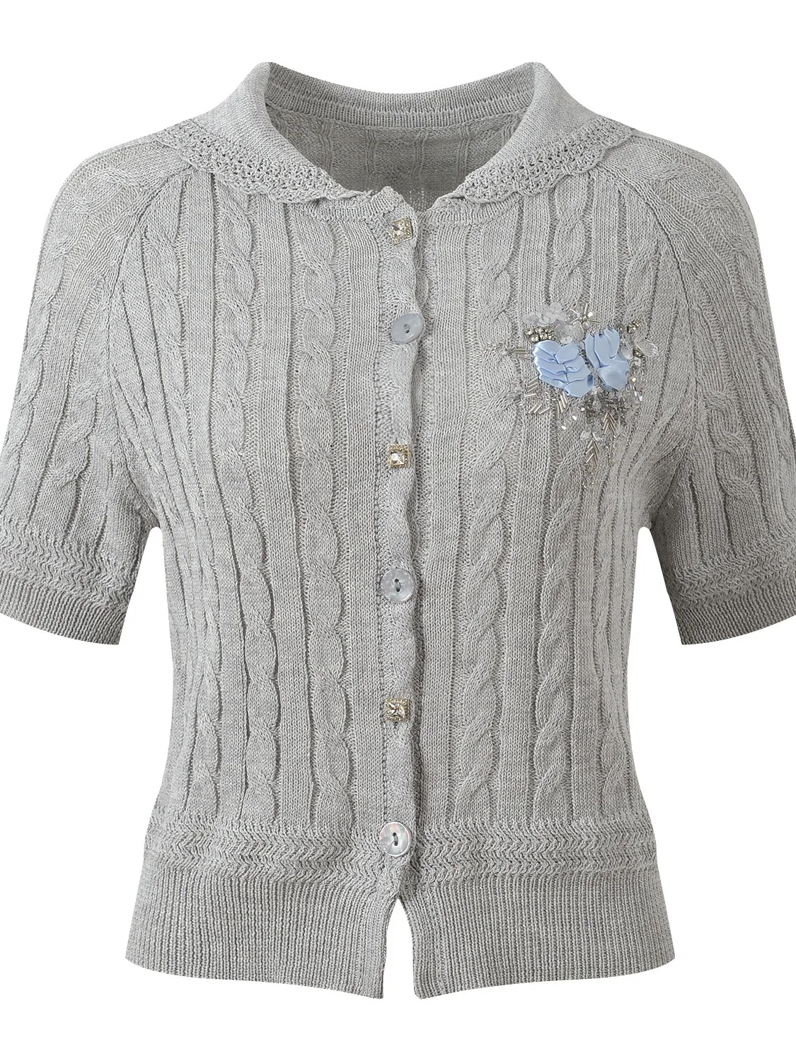 

Elegant European Style Short Sleeve Knitted Cardigan Embroidered Floral Pattern Slim Fit Sweet Personality Summer Spring Top