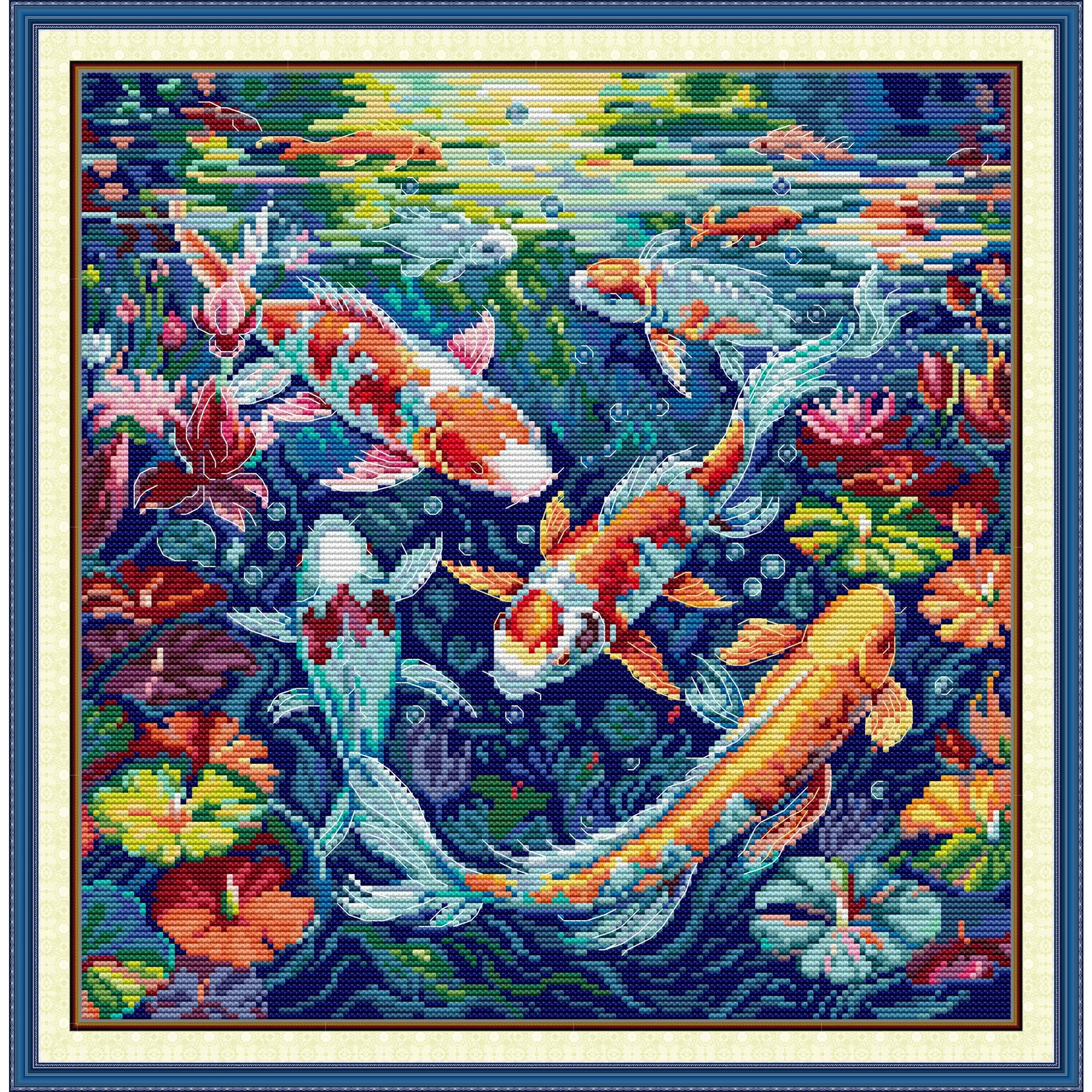 

Joy Sunday Pre-printed Cross Stitch Kit Easy Pattern Aida Stamped Fabric Embroidery Set-Koi 4