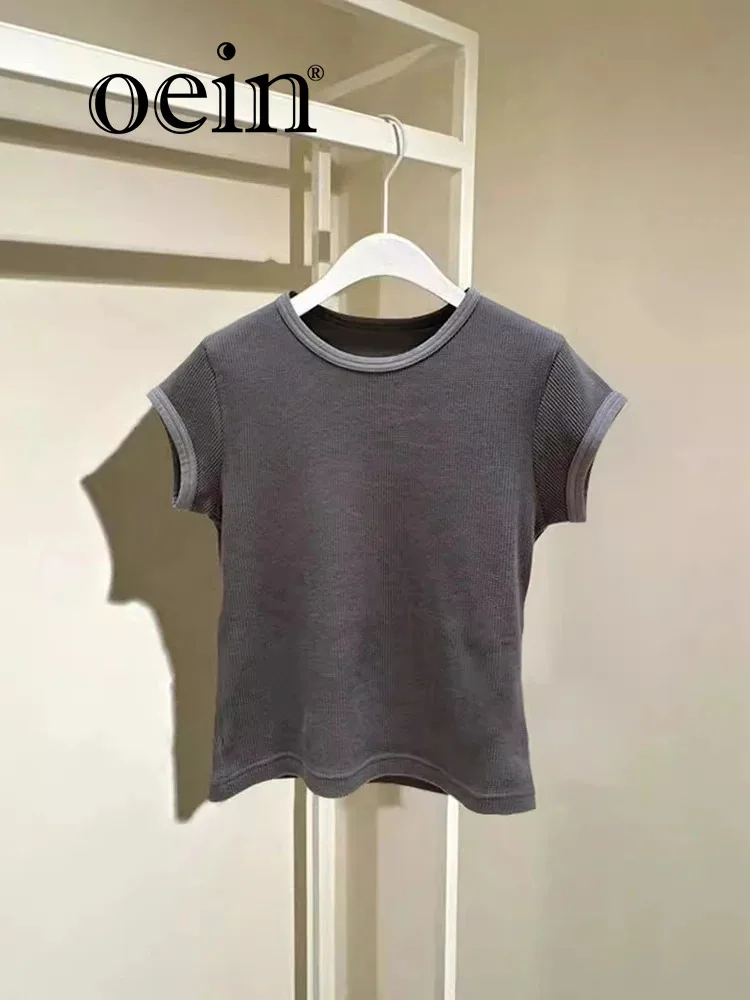 

[oein] 2024 New Simple Round Neck Casual Slimming Color Blocked Versatile Short Sleeved Women's T-shirt Summer Gray Top