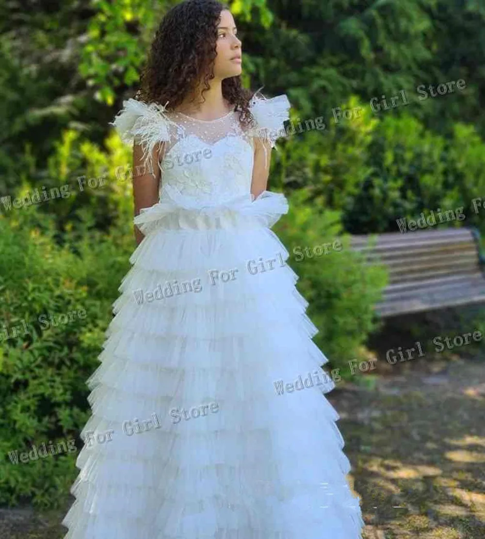 Elegant Girl Princess Dress Tiered Lace Puffy Flower Girl Dresses Sleeve Cute Girl Birthday Dress Wedding Party Dress Baby Dress