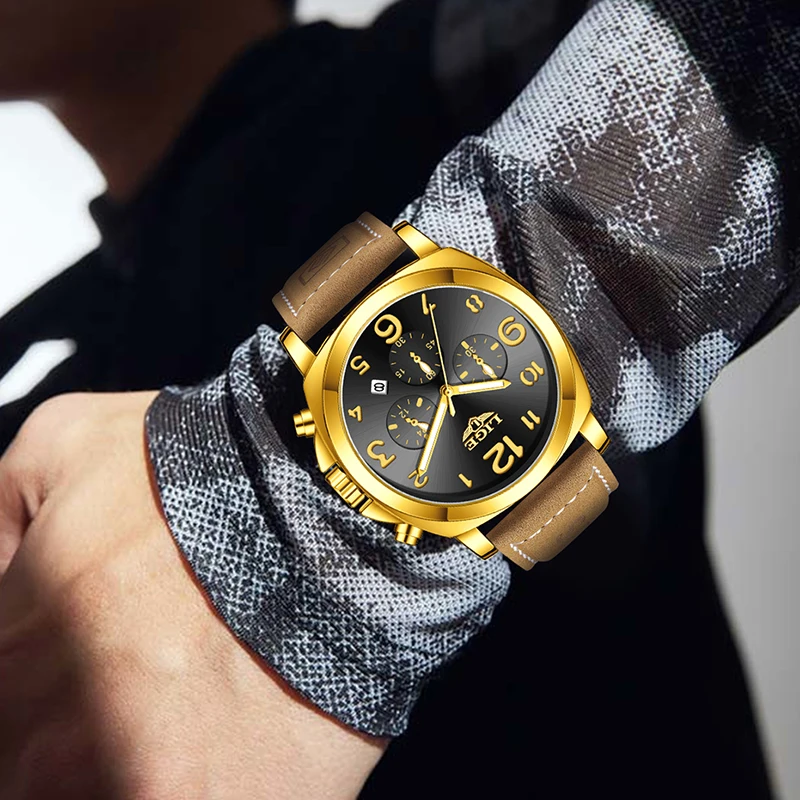 LIGE Outdoor Sports Watches For Men Fashion Business Leather Men's Quartz Wristwatches Waterproof Luminous Big Dial Watch Men