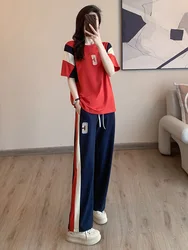 Korean Cotton Casual Sports Suit Women 2023 Summer O Neck Contrast Short Sleeved T Shirt+Wide Leg Trousers Two Piece Set Female