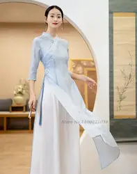 2024 ao dai chiffon long aodai women vietnam print flower cheongsam vintage mandarin collar elegant vietnam traditional dress