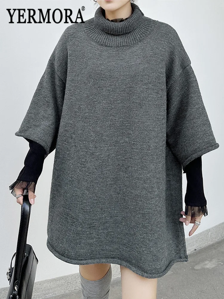 

YERMORA Gray Thick Knitting Pullover For Women Lapel Three Quarter Sleeve Loose New Sweater Fashion Tide Autumn Winter 2025