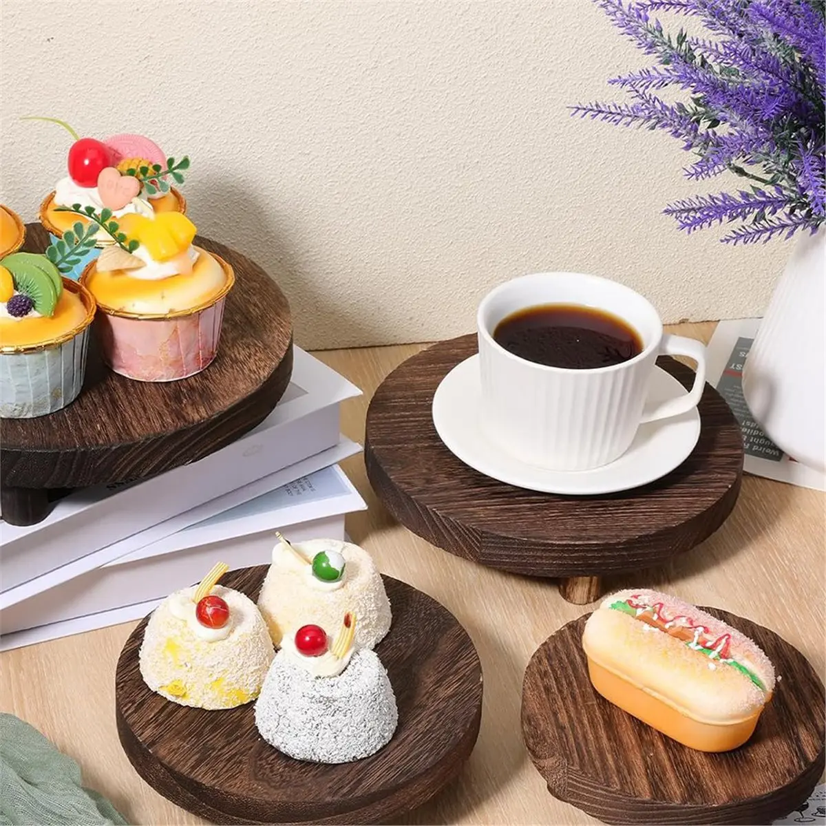 4 Pcs Round Wood Risers Display Stands, Rustic Wooden Riser Holder Tiered Tray Decor for Kitchen Counter, 4 Sizes Brown