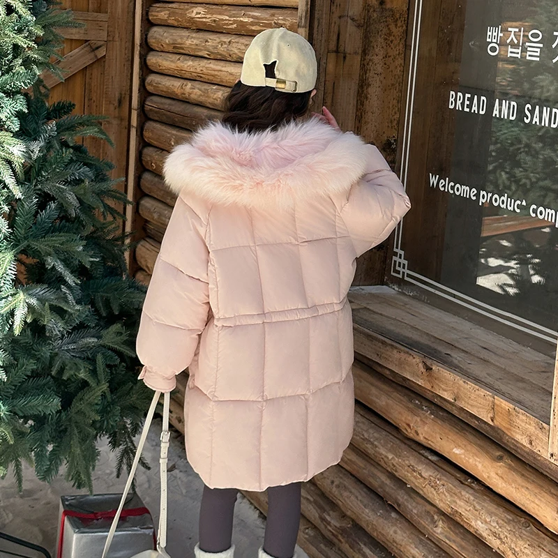2025 New Brand Children's Big Hair Collar Cold proof Clothing Long Sleeve Girls' Warm Coat Winter Hooded Bread Cotton Coat
