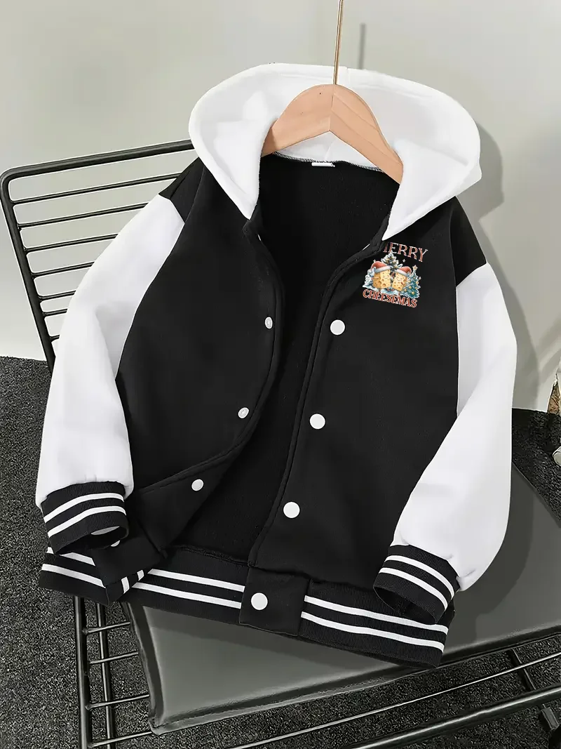 A Single-Piece Casual And Fashionable Christmas Cartoon Pattern Hooded Baseball Jacket For Boys In Autumn And Winter