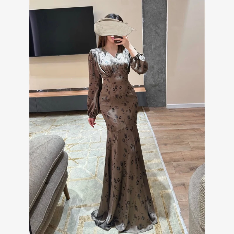 브이넥 플로럴 롱 드레스 여성 패션 긴 소매 허리 조임 하이웨이스트 새틴 맥시 가운 2026 여성 이브닝 파티 드레스