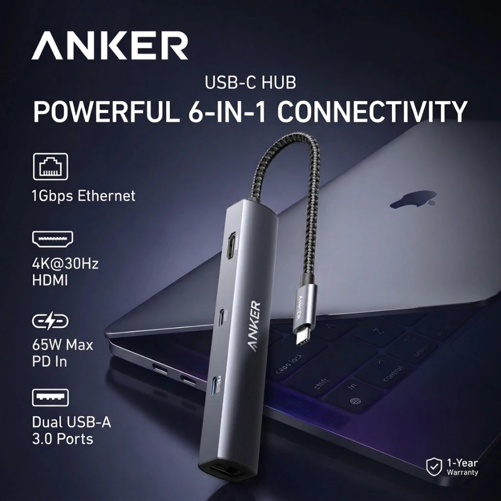 Anker USB-C Hub with Ethernet 6-in-1 Multiport USB C to Ethernet Adapter 65W Max PD USB-C & 2 USB-A Data Ports A8365