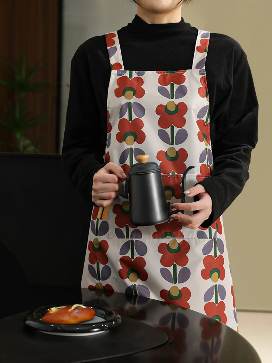 

Waterproof Women's Kitchen Apron with Pockets for Cooking Print Adjustable Straps Work Pinafore for Cleaning Gardening Bar