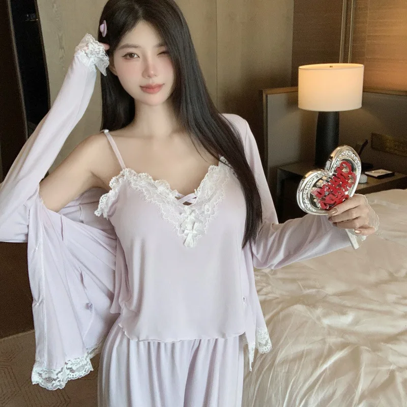 

New Modal 3PCS Pajamas Set Home Clothes Sweet Purple Lace Sleepwear Long Sleeve Trouser Pijamas Suit Autumn Winter Nightwear