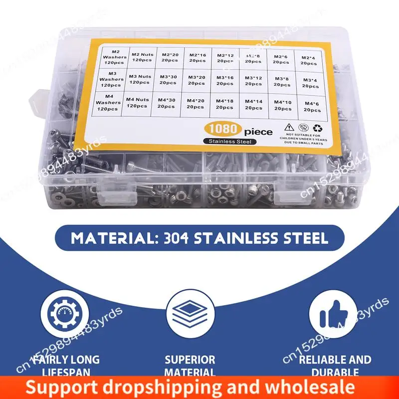 

AA86 1080Pcs M2 M3 Stainless Steel Hex Socket Head Cap Screws Bolts Nuts Washers Kit - 304 Grade