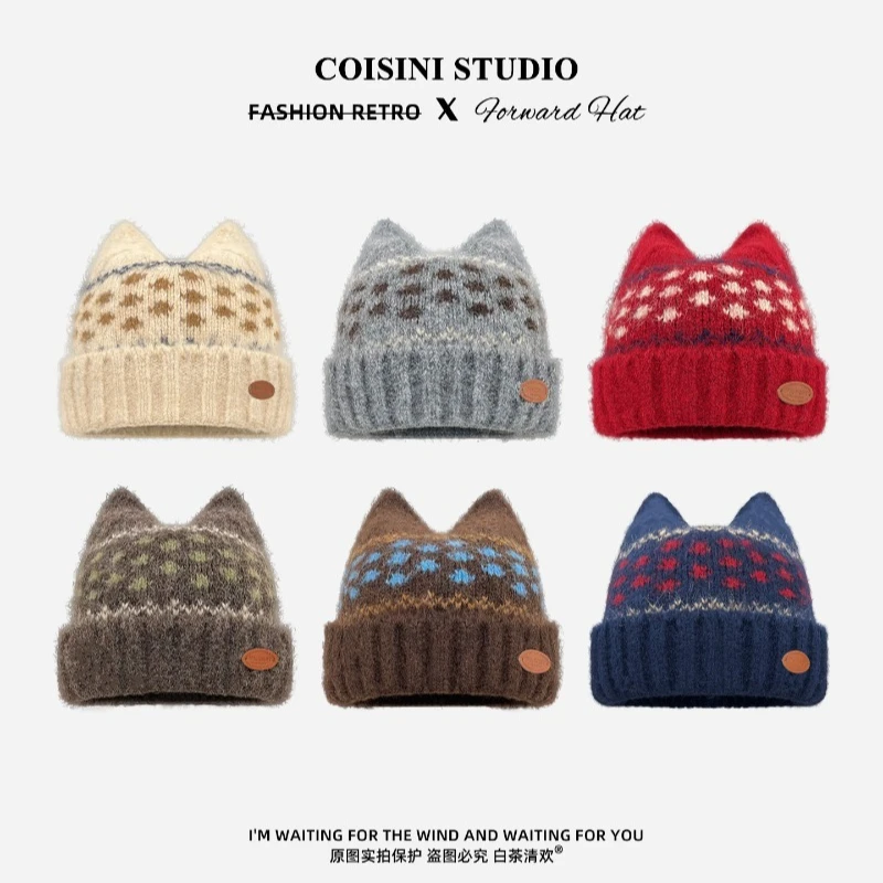 Japanische Retro-Fair-Isle-Jacquard-Mütze mit Katzenohren, gestrickt, für Herbst und Winter, warm, verdickt, mit Ohrenschutz, Skull-Beanie-Mützen für Damen – Detail 1
