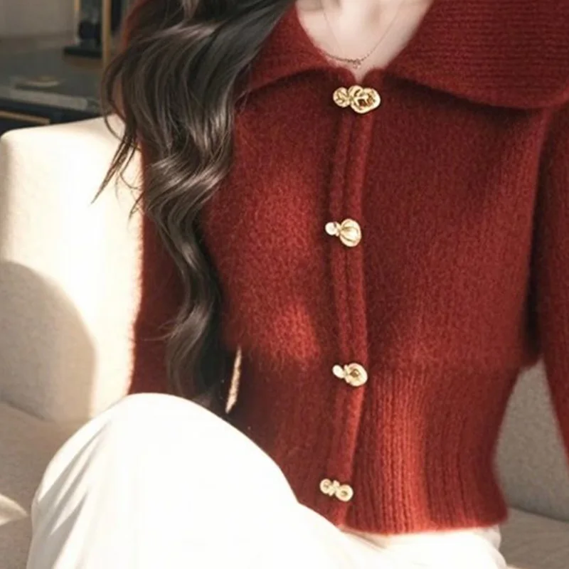 Women Autumn Winter Korean Simplicity Button Red Turn-down Collar Knitting Women Clothes All-match Loose Cardigan Long Sleevetop