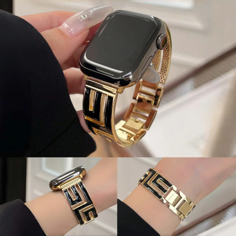 Geometrisches Schwarz-Gold Metallarmband für Apple Watch Armband 42mm 46 45 41 38 49 44 40mm Damen Armband iWatch Ultra SE 10 9 8 7 6 5 4