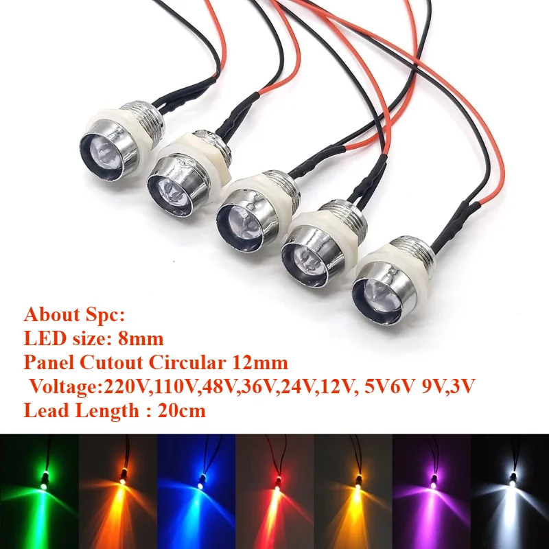 3V 5V6V 9V 12V 24V 36V 48V 110V 220V 8mm Pre-Wired LEDs Bulb Ultra Bright Emitting Diodes Indicator Lights for 12mm Panel Mount