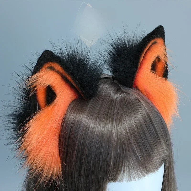 2024 futrzany pluszowy składany wilk opaska z uszami kota kolor pomarańczowy Simutation zwierząt obręcz do włosów japoński Kawaii Cosplay nakrycie