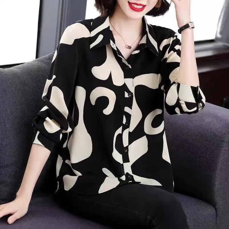 Spring New Floral Loose Button Blouse Long Sleeve Polo Neck Printing Plus Size Office Shirt Tops Casual Fashion Women Clothing