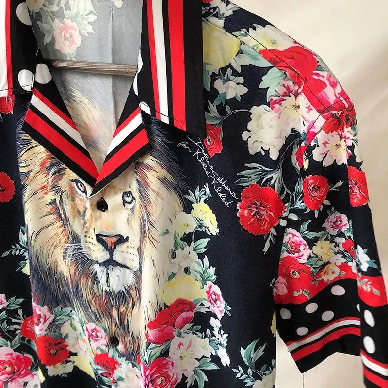 European Lion Flower Print Shirt Streetwear Hip Hop Fashion Aloha Tropical Top Hawaiian Beach Shirts  Camisa Floral Masculina