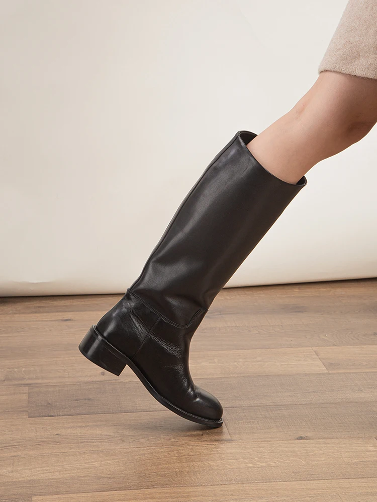 

Wide Footwear Black Nappa Genuine Leather Calf Knee High Boots Winter Ruond Toe Women Shoes