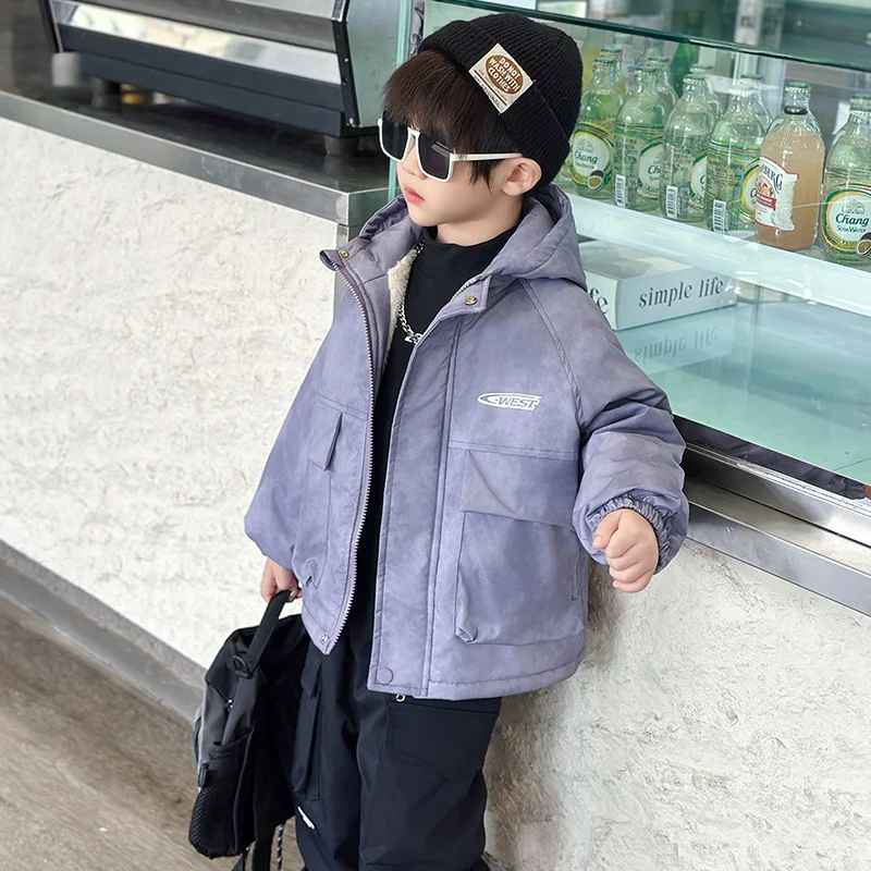 

Thiened Fce Children's Parka Coat Rabbit Fur Lined Boys Winter Jaet Cotton Clothes Youth Trendy Stand Fit Waterproof