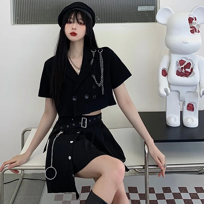 Temperament Spicy Girl Suit Coat Irregular Pleated Skirt Two Piece Set Women Lapel Double Breasted Solid Cool Academy Summer Set