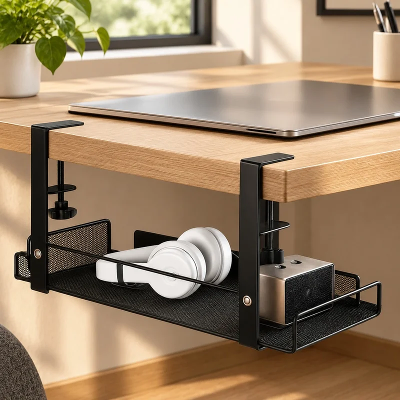 Under-Desk Steel Wire Shelf for Cable Management, Sturdy No-Drill Storage Organizer Tray