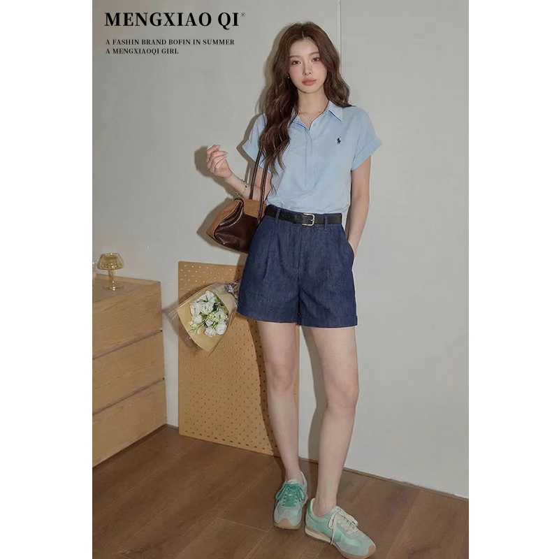 

Meng Xiaoqi Korean Style Casual Light Blue Collar Short Sleeve Embroidered Slimming Women's Shirt Spring Summer