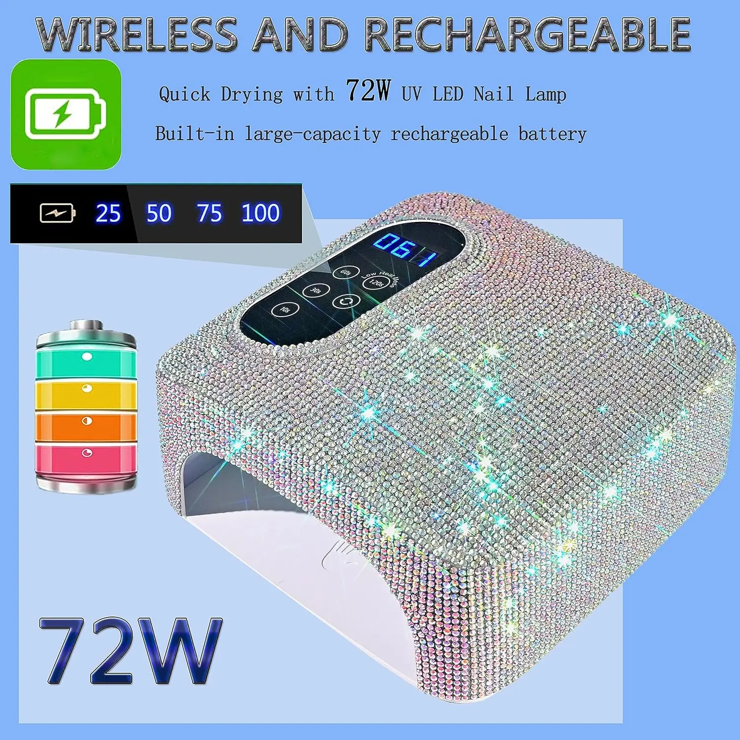 Lámpara de uñas LED UV de 72W, secador de uñas inalámbrico recargable, luz de uñas Led UV inalámbrica portátil con diamante completo en la superficie