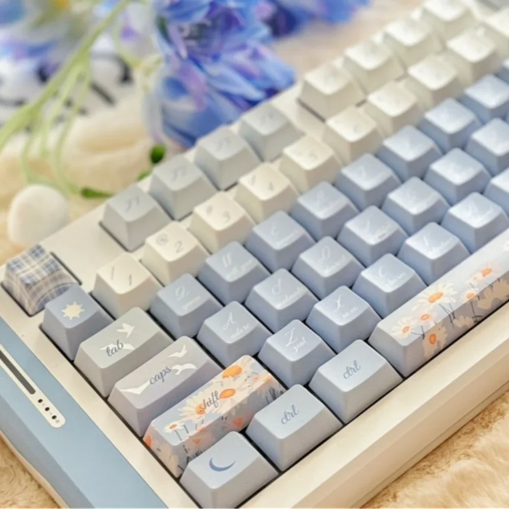Material PBT Adequado para Teclado Mecânico, Cherry Light Blue Keycaps, Pequeno crisântemo, Conjunto completo